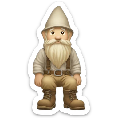 side view of gnome with light tan pants and light tan boots squatting in front of small dirt pile sticker