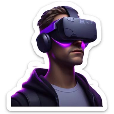 Russian man wearing a black hoodie with "OMG" letters on it and VR headset in a cyberpunk VR environment with violet neon lighting. sticker