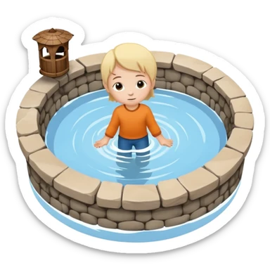 Create a clean emoji-style icon showing a small child falling into a round stone water well. The well must be clearly recognizable: circular stone rim, dark opening. Show the child mid-air, tilted downward above the well with simple motion lines. sticker