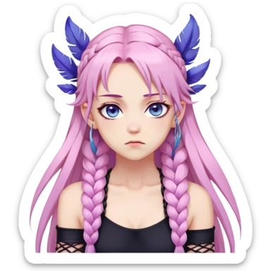 Gorgeous anime lady long-pale-pastel-pink-hair with one braid on each side, grumpy expression, purple-pink feather-ear-cuffs in hair, black bodysuit, blue eyes, pink iris, ethereal, fashion aesthetic, colorful sticker