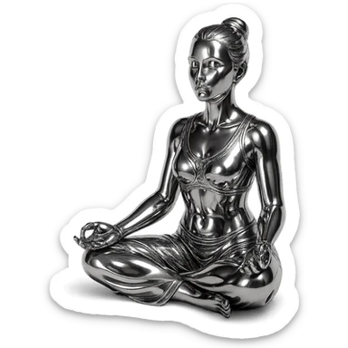 metallic chrome figure of a woman meditating in the lotus position, serene and peaceful sticker