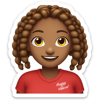 Light brown lady smiling, long dark brown African braids, bright red lips, eyelashes, wearing red “happy Valentine’s Day” t shirt sticker