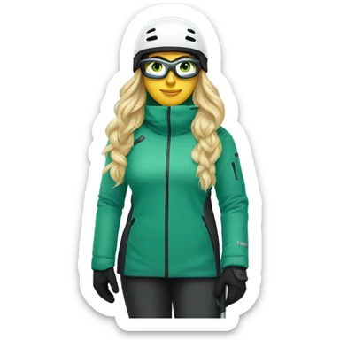 Green-eyed, fat female skier with long straight blonde hair, glasses, white ski helmet, grey snow jacket, long black pants, black only snow boots standing tall. sticker