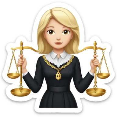 woman lawyer blanche et blonde habillée avec une longue robe noire et un col blanc, avec la balance de la justice derrière elle sticker