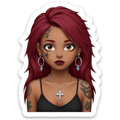 generate an ios genmoji of a dusky girl with long dark red messy hair with eyeliner on her eyes. septum piercing, wearing a cami black top, has tattoos, on shoulders. ear piercings. wearing a cross silver necklace. 


no tattoos on face sticker