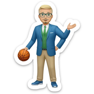 Full Body white male plus size wearing glasses with a goatee with light blonde and gray very short hair happy basketball head Coach in blue and green suit sticker