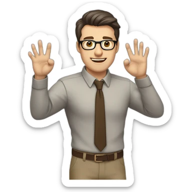 To belt Actively gesturing with hands Pale skinned fit man teacher with dark brown hair in gray jacket, beige office shirt, brown tie, brown pants and vintage glasses. sticker