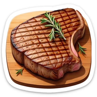 Cinematic thick-cut t-bone steak, perfectly seared with grill marks, a grilled center, rich and savory, warm glow, sizzling and mouthwatering, highly detailed and appetizing. sticker
