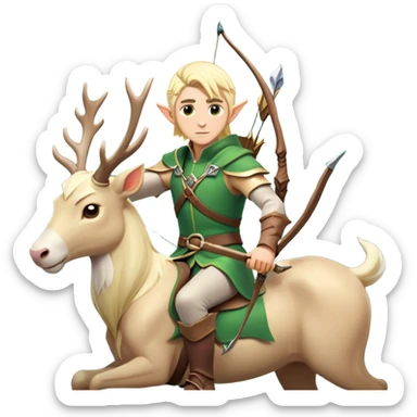 clash-of-clans-aesthetic-blond-male elf-archer-portrait-emoji, rendered in a flat, vector-style with minimal shading and bold, simplified shapes, head tilted slightly forward with a determined, focused expression, riding a majestic white stag whose antlers glow with mystical energy, set against an ancient, enchanted forest backdrop. sticker