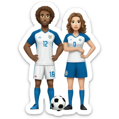 A white soccer player in a blue jersey with brown curly hair with his shorter long brown haired wife standing next to each other sticker
