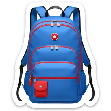 blue backpack with two diveded logo (leftside white, right side red) at the bottom pocket

 sticker