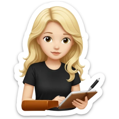 A beautiful blonde with long wavy hair in a black T-shirt sits and writes in a diary with a pen. sticker