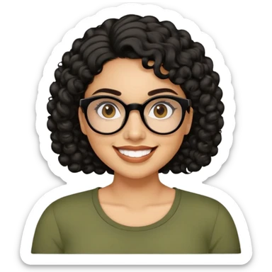 Hispanic woman with light tan skin. Round face with dimples. Dark eyes with black glasses. Thick eyebrows. Short curly black hair. Big smile. Wearing olive green top. sticker