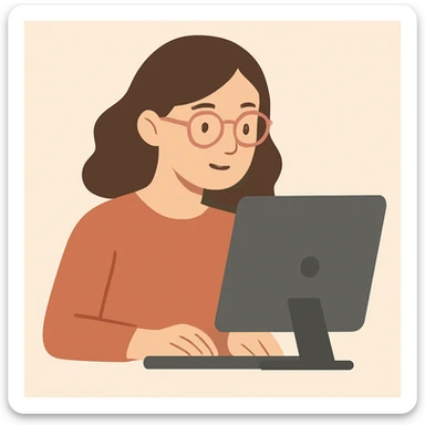 woman with light pink glasses working on computer, light skin, brown hair, flat minimalist style, light background sticker