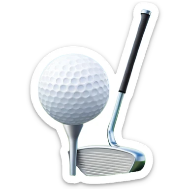 A golf ball on a tee, with a golf club placed beside it on the lush green fairway. The background shows a serene golf course with neatly trimmed grass and a clear blue sky, emphasizing the elegance and precision of the game. sticker
