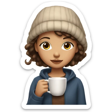 A girl is drinking coffe in a cozy place and she is wearing Thick clothes.She is brunette and her eyelashes are very beautiful,she has a pretty makeup,her eyes are brown. sticker