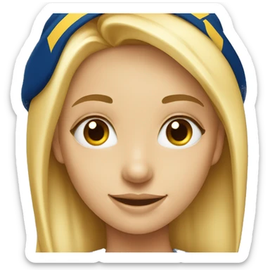 Blonde girl with blue eyes smiling wearing University of Michigan hat sticker