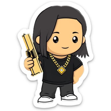 kid with long hair holding a glock, wearing a diamond grill and a 24 karat gold chain sticker