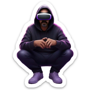 Big Lebowski wearing a black hoodie with "OMG" letters on it and VR headset oculus quest 2 in a cyberpunk VR environment with violet neon lighting. Showing direction with hand sticker
