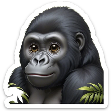 Cinematic Cute mountain Gorilla Portrait Emoji, Head tilted playfully and inquisitively, with a robust build accented by a striking black and grey mane and round, sparkling eyes full of gentle charm, Simplified yet irresistibly adorable features, highly detailed, glowing with a warm, friendly jungle glow, high shine, affectionate and lively, stylized with a touch of endearing primate whimsy, soft glowing outline, capturing the essence of a mischievous yet loving mountain that feels like it could lumber out of the screen into your arms! sticker