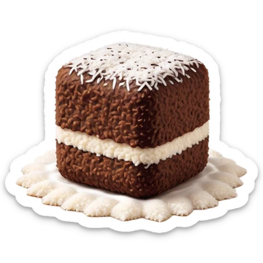 Cinematic Realistic Lamingtons Dessert Emoji, depicted as soft sponge squares coated in chocolate and coconut rendered with mouth‚Äêwatering detail and vibrant lighting. sticker