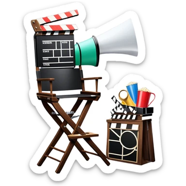 Icon for Directing: a director's chair, a film slate, a megaphone, and a stage set with lights. The icon should represent the creative and leadership aspects of directing, with focus on film and theater production. Transparent background. sticker