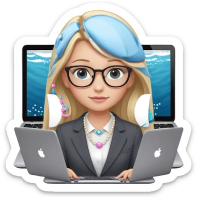 Please take the girl with laptop emoji and make her glassess light brown, her eyes ocean blue and her nose a bit smaller and pointier and she has blonde very long hair and a dark grey suit and pearls necklace, and has a laptop in fron of her and a tiny pink bow on the left side of her head sticker