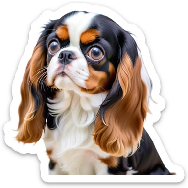 Cinematic Meme-Worthy Grumpy Tri-Colour Cavalier King Charles Spaniel Portrait Emoji, Head held high but eyes filled with dramatic disappointment, smooth tri-colour fur with striking black, white, and tan patches, deeply furrowed brow forming an unmistakable scowl, floppy ears slightly angled back in disapproval, piercing brown eyes glaring with pure exasperation, Simplified yet hilariously over-exaggerated features, highly detailed, glowing with an aura of supreme annoyance, high shine, exhausted yet judgmental, stylized with an almost regal pettiness, bright but brooding, soft glowing outline, capturing the essence of a companion that has seen it all and is thoroughly unimpressed, so meme-worthy it feels like it could instantly become the next viral sensation of grumpiness! sticker