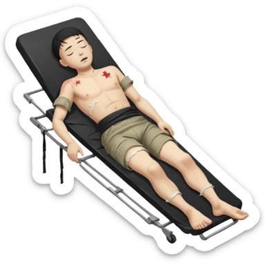wounded man of oriental appearance, dressed in torn clothes, full length, with closed eyes, head lying on stretcher, in prone position, with injuries on black military stretcher, 1980 sticker