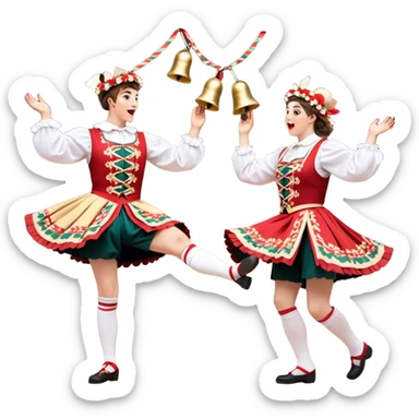 Cinematic Realistic scene of two performers executing a Morris Dance in full traditional costume—with bells, ribbons, and clogs—captured in dynamic motion against a rustic English backdrop and warm, golden lighting sticker