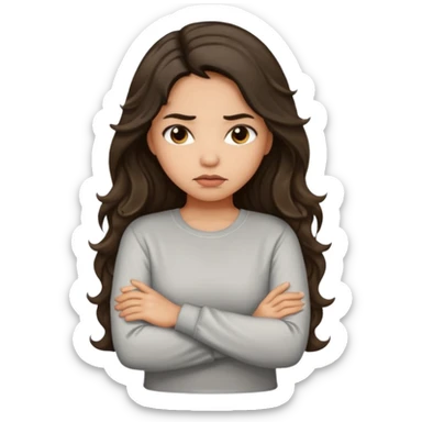 Hispanic light tan girl with long dark wavy hair with arms folded and pouting slightly. Wearing a long sleeve. sticker