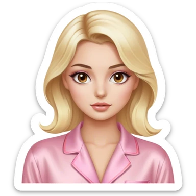 blonde model with brown eyes, luxury makeup, light pink silk pajamas sticker