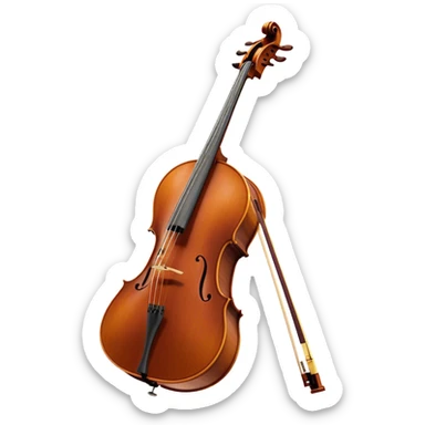 Create an elegant and refined emoji representing the Cremona cello with a Hans Klein HKCB bow. The design should feature the curved wooden body of the cello with a rich, glossy finish, capturing its classical shape and intricate details. The bow should be displayed with fine craftsmanship, highlighting the hair and the smooth, polished wooden stick. Include subtle musical notes floating around the instrument to emphasize its rich, melodic sound. Use deep wood tones like chestnut brown, gold accents for the fittings, and soft lighting effects to give the instrument a timeless, professional feel. The background should be transparent. sticker