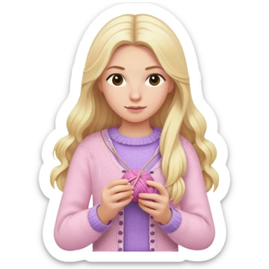 Blonde long hair lady with light pink clothes knitting with light purple wool sticker