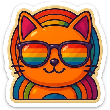 Make the cat smile, keep the same retro stickers aesthetic, rainbow sunglasses, and vibrant colorful background. sticker