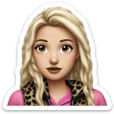 Hyperrealistic white girl with long black hair with a pink fringe and has eye makeup on, she is wearing a black and leopard print hoodie  sticker