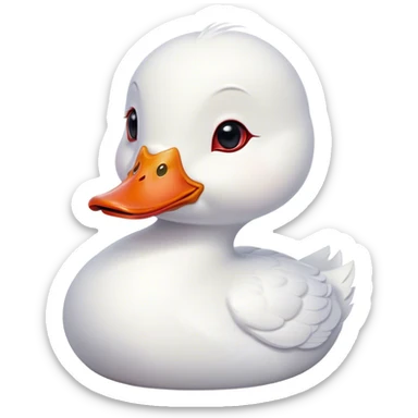 Cinematic Cute White Duck Portrait Emoji, Head tilted playfully and inquisitively, featuring a glossy, immaculate white plumage with a charming red bill, round, sparkling eyes filled with curiosity, Simplified yet irresistibly adorable features, highly detailed, glowing with a warm, friendly glow, high shine, affectionate and lively, stylized with a touch of whimsical charm, bright and endearing, soft glowing outline, capturing the essence of a mischievous yet loving duck, so playful it feels like it could waddle out of the screen and into your arms! sticker