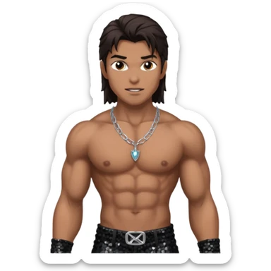 Vampire Hunter with long dark brown hair, black sequin baggy pants, shirtless with necklace sticker