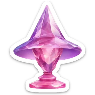 Glass sculpture Mage hat with a geometric, faceted design. The hat is standing upright on a base with angular and baroque features. The vibrant midtone tints of pastels and pink highlights the sharp edges and planes.  sticker