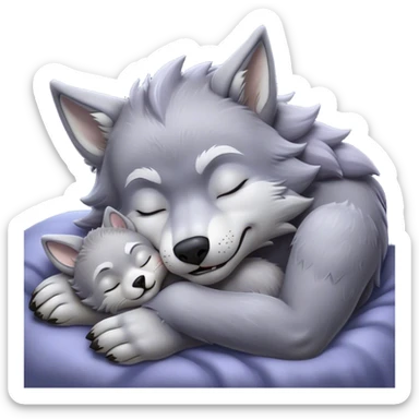 Meme-Worthy Cute Sleeping Werewolf Portrait Emoji, with a cuddly, miniature lupine form in soft moonlit grays and silvers, head resting peacefully with gently closed dreamy eyes and a small, content smile, simplified yet irresistibly endearing, highly detailed with a soft glowing outline that captures the cozy, sleepy essence of a werewolf after frolicking under the full moon! sticker