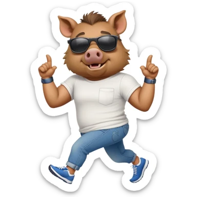friendly anthropomorphised boar in jeans and a t-shirt, wearing dark sunglasses, jogging upright, relaxed pose sticker