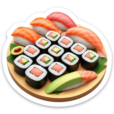 Cinematic Realistic Sushi Dish Emoji, depicted as an artful arrangement of fresh sushi with vibrant colors rendered with lifelike textures and delicate, natural lighting. sticker