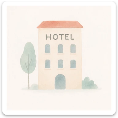 soft watercolor illustration in a minimalist modern style, pastel colors, delicate linework, gentle whimsical mood, minimal soft shading, hotel building sticker