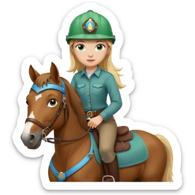 una ragazza bionda con occhi azzurri/verdi sopra un quarter horse con criniera marrone sticker