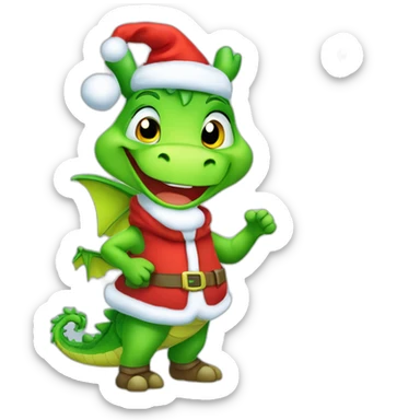 happy little green cartoon dragon of child, in winter, in work pants, in work clothes, in winter boots, in a Santa Claus hat, New Year,  presents sticker