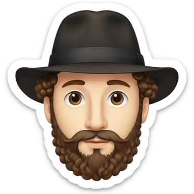 A man with a long nose, curly hair, a beard and a black fedora sticker