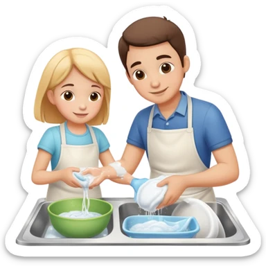 child and parent washing dishes together, friendly and caring sticker