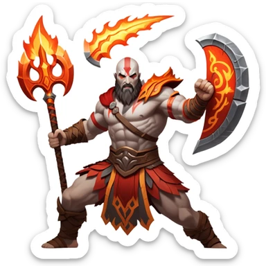 An icon showing a powerful warrior wielding a weapon, ready for battle, inspired by God of War: Ragnarok. The design captures the strength and determination of the character, with dynamic motion lines and a fiery, epic background. Transparent background highlights the action sticker