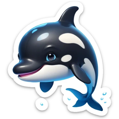 Cinematic Cute orca Portrait Emoji, Head tilted playfully and inquisitively, featuring a smoothly rounded body with bright, sparkling eyes and an adorable, friendly smile, Simplified yet irresistibly adorable features, highly detailed, glowing with a warm, ocean-blue glow, high shine, affectionate and lively, stylized with a touch of whimsical aquatic charm, soft glowing outline, capturing the essence of a mischievous yet endearing orca that seems as if it could leap right into your heart! sticker