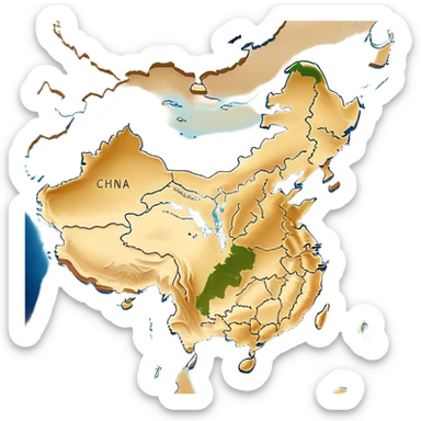 Cinematic-realistic outline of china, featuring its distinct landmass with accurately defined coastlines. The deep blue ocean surrounds the golden-brown continent, with subtle topographic shading to highlight its terrain. A soft glowing effect enhances the edges, making the shape stand out against a neutral, textured background. sticker